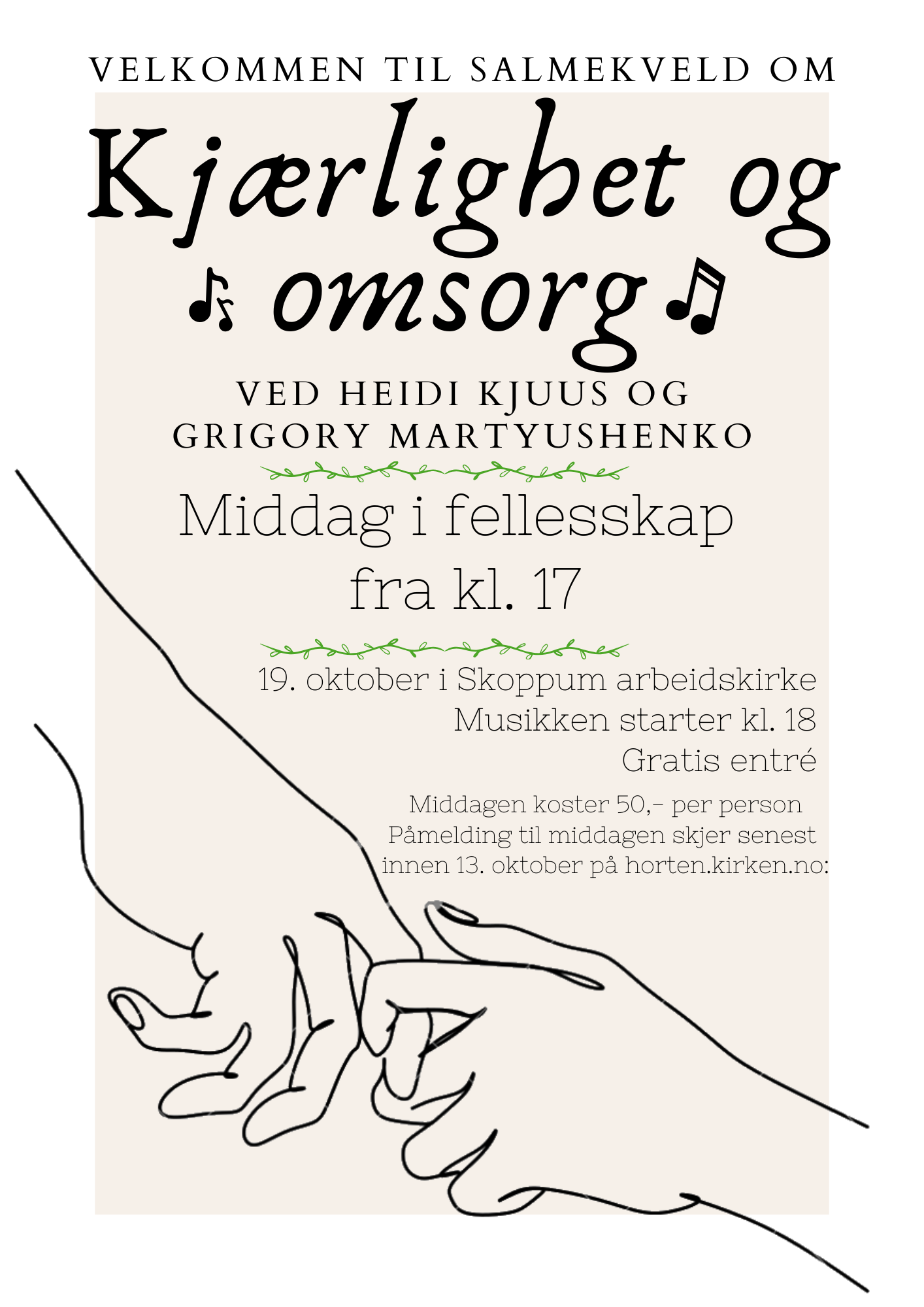 Plakat med all informasjon samt to hender som strekker seg mot hverandre.